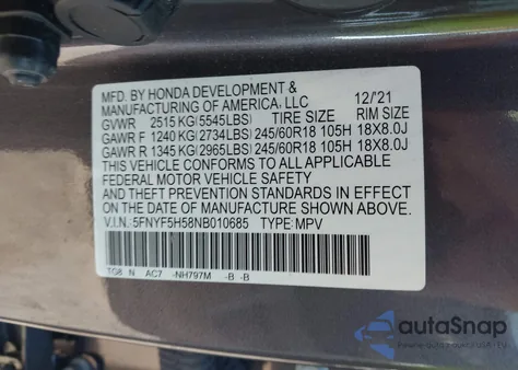 2022 Honda Pilot 2Wd Ex-L из США, поврежденный, VIN 5FNYF5H58NB010685